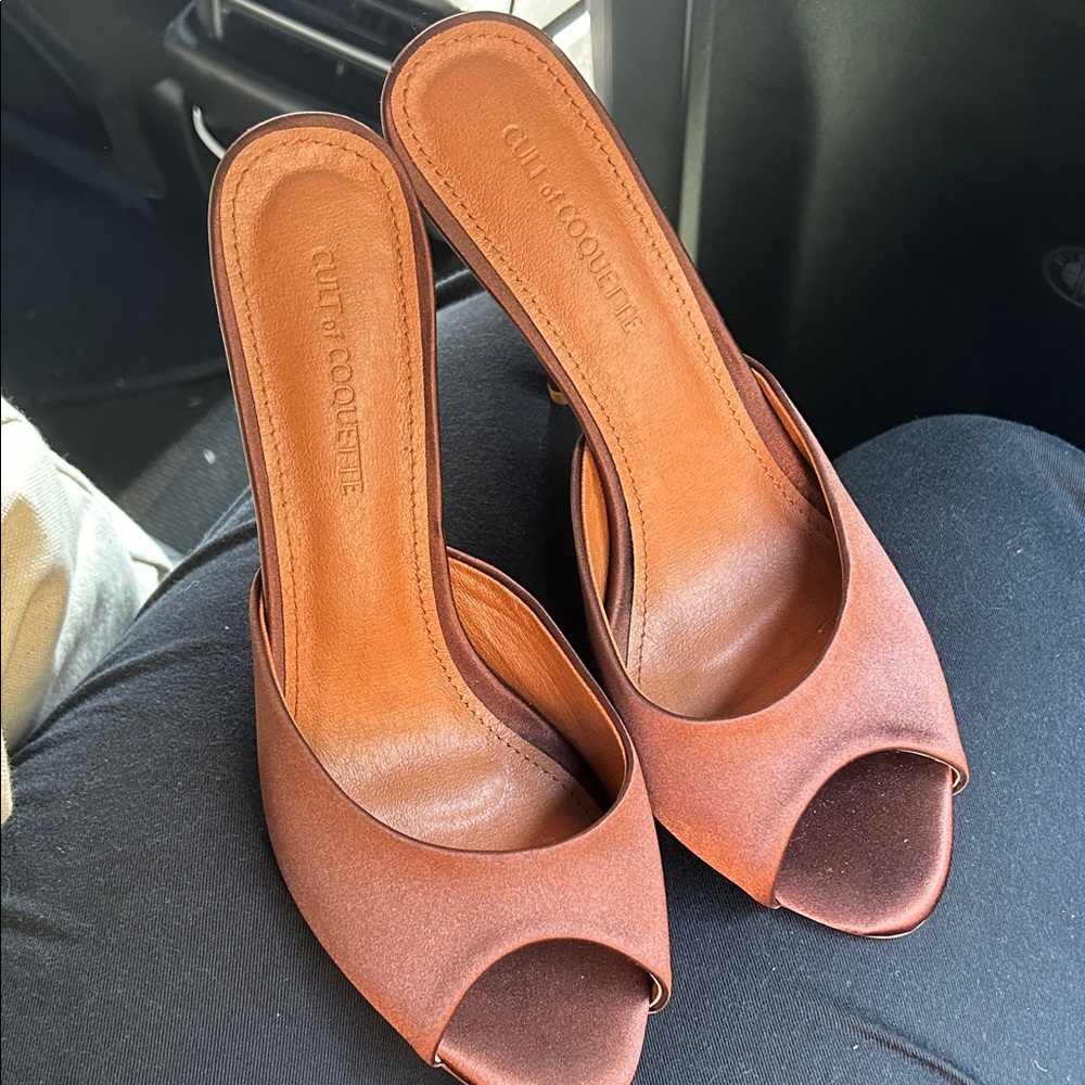 Cult of Coquette Brown Peep-Toe Mules